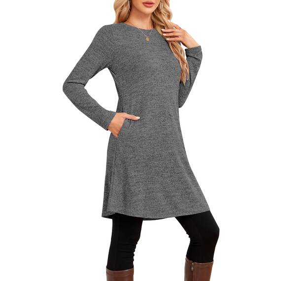 NARRAME Pulloverkleid für Damen, Frühling, Herbst, Lange Ärmel, lässige Knöpfe, seitliche Damenkleider mit Taschen, groß, Dunkelgrau