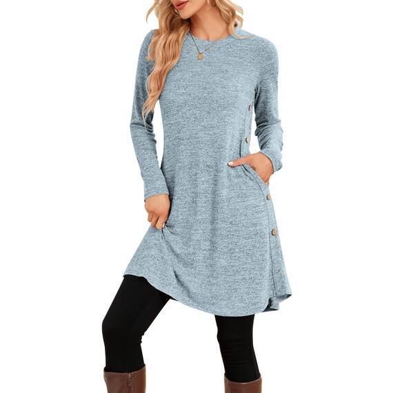NARRAME Pullover-Kleider für Damen, Winter, langärmelig, Kausale Knöpfe, seitliches Pulloverkleid mit Taschen, XX-Large, Hellblau