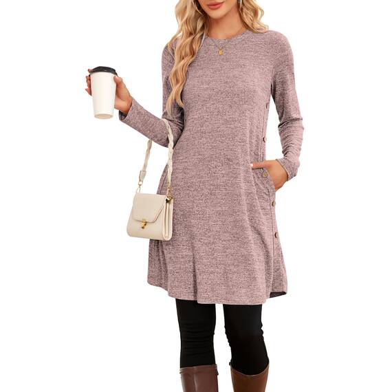 NARRAME Winter-Pullover-Kleider für Damen, Midi-Langarm, lässige Knöpfe, seitliches Tunika-Kleid mit Taschen, Mittelrosa, Grau