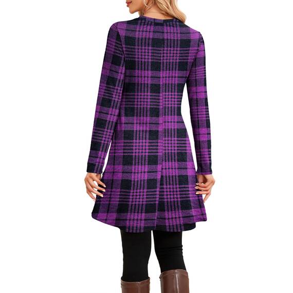 NARRAME Pullover-Kleider für Damen, Winter, langärmelig, Kausale Knöpfe, seitliches Pulloverkleid mit Taschen, XX-Large, Karo Lila Schwarz