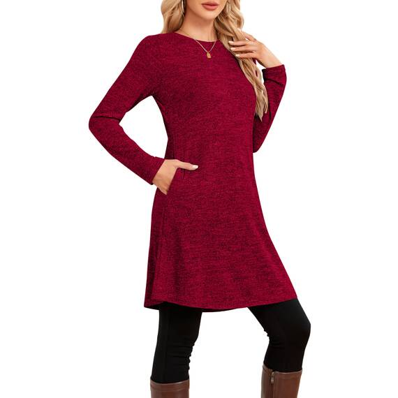 NARRAME Pulloverkleid für Damen, Frühling, Herbst, Lange Ärmel, lässige Knöpfe, seitliche Damenkleider mit Taschen, groß, Dunkelrot