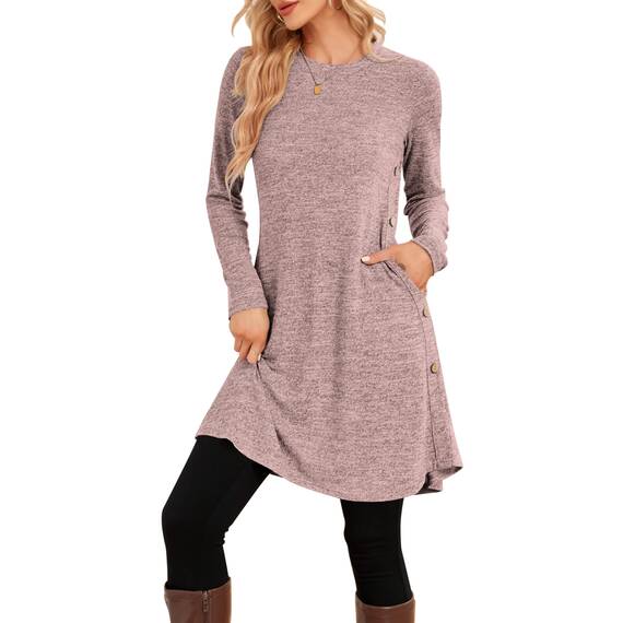 NARRAME Winter-Pullover-Kleider für Damen, Midi-Langarm, lässige Knöpfe, seitliches Tunika-Kleid mit Taschen, Mittelrosa, Grau
