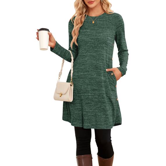 NARRAME Pulloverkleid für Damen, Frühling, Herbst, Lange Ärmel, lässige Knöpfe, seitliche Damenkleider mit Taschen, groß, Einfarbig Dunkelgrün