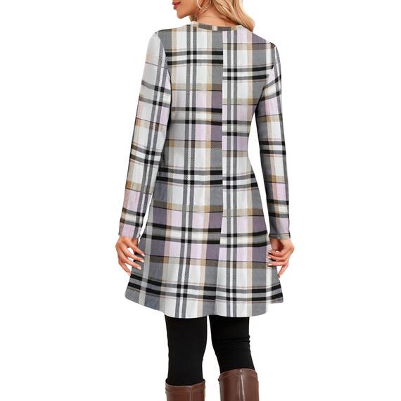 NARRAME Damen-Pullover-Kleider, Winter, langärmelig, Kausale Knöpfe, seitliche Kleider für Damen, elegant, mit Taschen, klein, Karo Rosa Gelb