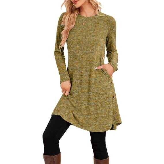 NARRAME Pulloverkleid für Damen, Frühling, Herbst, Lange Ärmel, lässige Knöpfe, seitliche Damenkleider mit Taschen, groß, Einfarbig Gelb