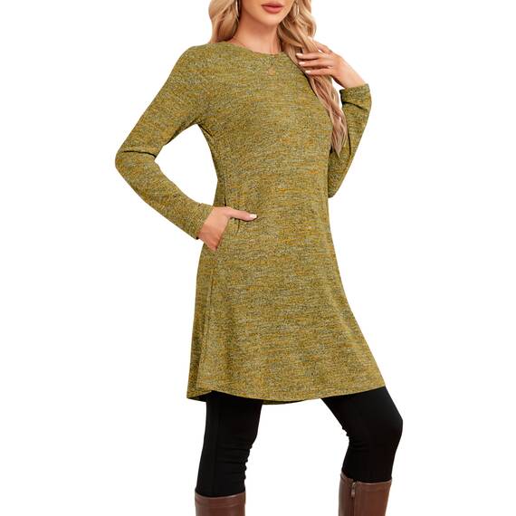 NARRAME Party-Pullover-Kleider für Damen, Frühling, Herbst, lässiges, seitliches Langarmkleid mit Knöpfen und Taschen, X-Large, Einfarbig Gelb