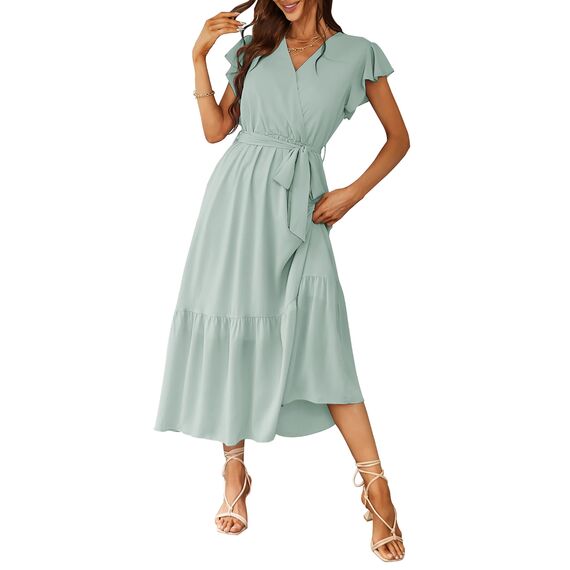 Awemeal Kleid Damen Sommer Elegant V-Ausschnitt Kurzarm Lang Sommerkleid Boho Blumenkleid mit Gürtel Rüschen Saum Wickelkleid Strandkleid A Linie Fließend Maxikleid （XL, Grün）