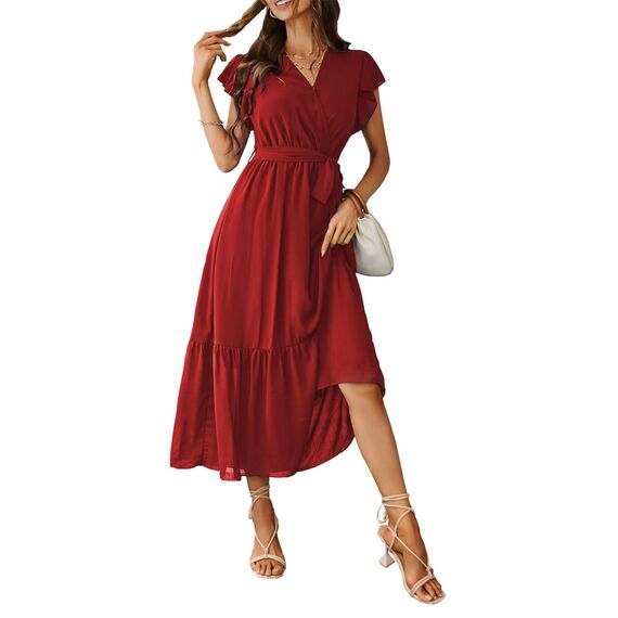 Awemeal Kleid Damen Sommer Elegant V-Ausschnitt Kurzarm Lang Sommerkleid Boho Blumenkleid mit Gürtel Rüschen Saum Wickelkleid Strandkleid A Linie Fließend Maxikleid （S, Weinrot）