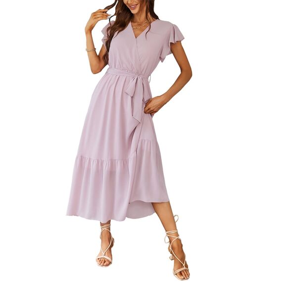 Awemeal Kleid Damen Sommer Elegant V-Ausschnitt Kurzarm Lang Sommerkleid Boho Blumenkleid mit Gürtel Rüschen Saum Wickelkleid Strandkleid A Linie Fließend Maxikleid （L, Rosa）
