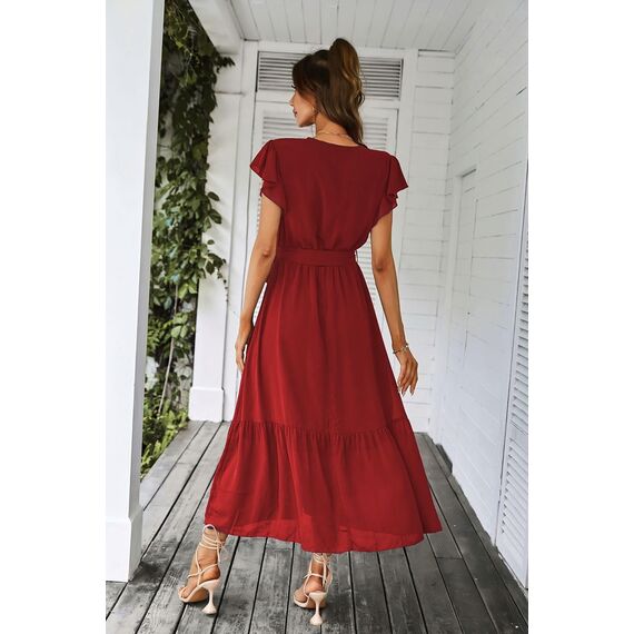 Awemeal Kleid Damen Sommer Elegant V-Ausschnitt Kurzarm Lang Sommerkleid Boho Blumenkleid mit Gürtel Rüschen Saum Wickelkleid Strandkleid A Linie Fließend Maxikleid （L, Weinrot）