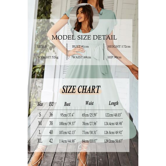 Awemeal Kleid Damen Sommer Elegant V-Ausschnitt Kurzarm Lang Sommerkleid Boho Blumenkleid mit Gürtel Rüschen Saum Wickelkleid Strandkleid A Linie Fließend Maxikleid （S, Grün）