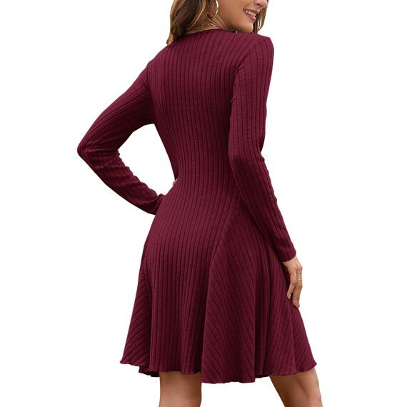 AUSELILY Strickkleid Damen Herbst Leichte A Linie Herbstkleid Langarm Kleider V Ausschnitt Winterkleid Elegant Pulloverkleid Weinrot XL