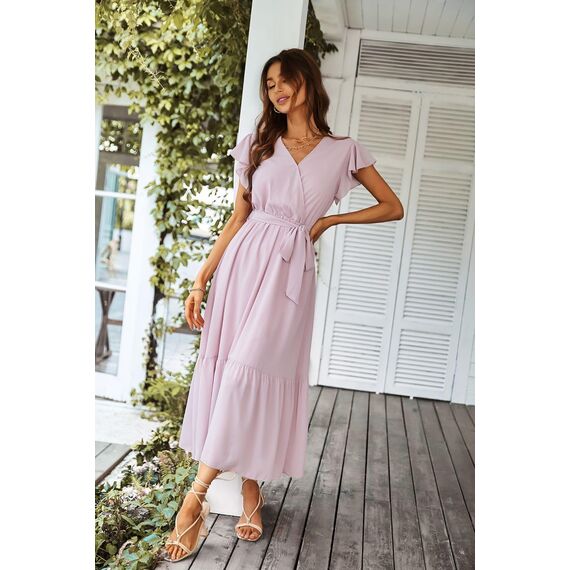 Awemeal Kleid Damen Sommer Elegant V-Ausschnitt Kurzarm Lang Sommerkleid Boho Blumenkleid mit Gürtel Rüschen Saum Wickelkleid Strandkleid A Linie Fließend Maxikleid （S, Rosa）