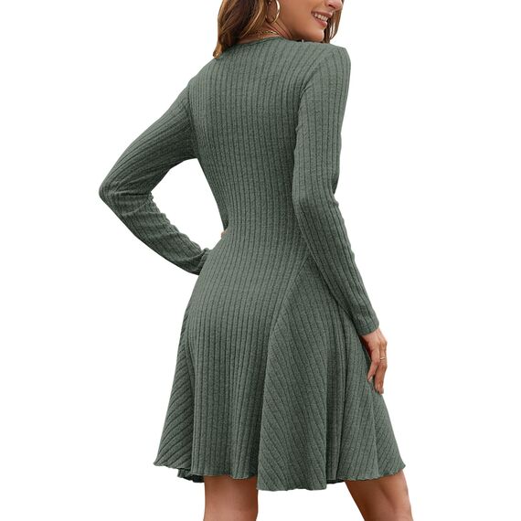 AUSELILY Strickkleid Damen Herbst Leichte A Linie Herbstkleid Langarm Kleider V Ausschnitt Winterkleid Elegant Pulloverkleid Dunkelgrün L