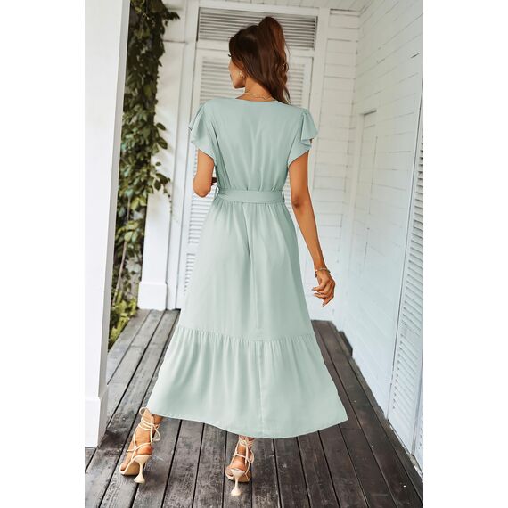 Awemeal Kleid Damen Sommer Elegant V-Ausschnitt Kurzarm Lang Sommerkleid Boho Blumenkleid mit Gürtel Rüschen Saum Wickelkleid Strandkleid A Linie Fließend Maxikleid （L, Grün）