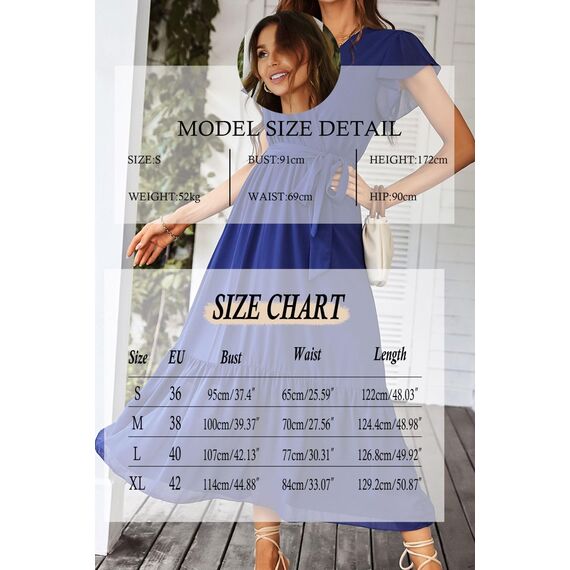 Awemeal Kleid Damen Sommer Elegant V-Ausschnitt Kurzarm Lang Sommerkleid Boho Blumenkleid mit Gürtel Rüschen Saum Wickelkleid Strandkleid A Linie Fließend Maxikleid （M, Blau）