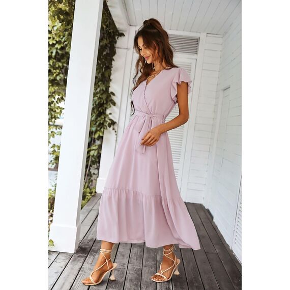 Awemeal Kleid Damen Sommer Elegant V-Ausschnitt Kurzarm Lang Sommerkleid Boho Blumenkleid mit Gürtel Rüschen Saum Wickelkleid Strandkleid A Linie Fließend Maxikleid （S, Rosa）