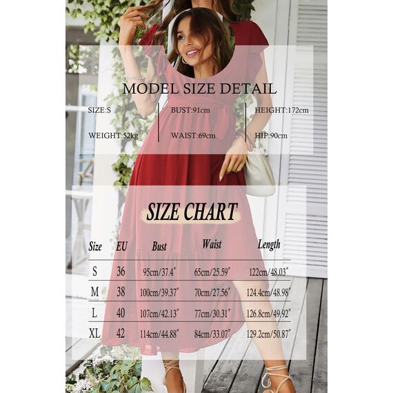 Awemeal Kleid Damen Sommer Elegant V-Ausschnitt Kurzarm Lang Sommerkleid Boho Blumenkleid mit Gürtel Rüschen Saum Wickelkleid Strandkleid A Linie Fließend Maxikleid （L, Weinrot）