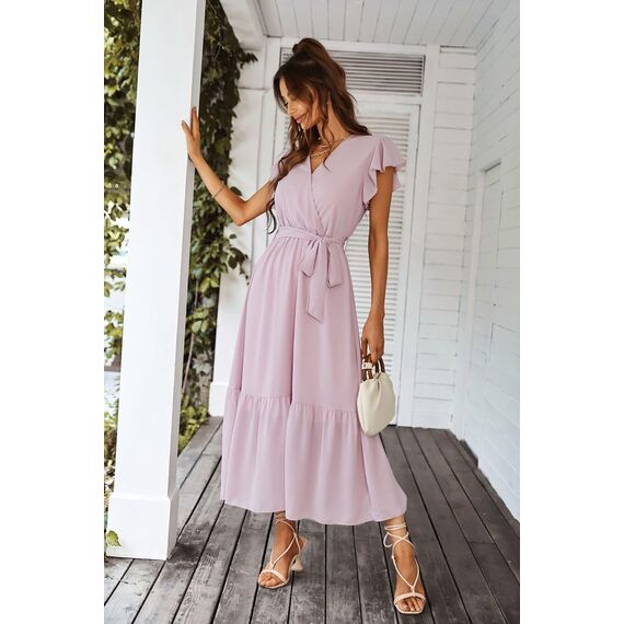Awemeal Kleid Damen Sommer Elegant V-Ausschnitt Kurzarm Lang Sommerkleid Boho Blumenkleid mit Gürtel Rüschen Saum Wickelkleid Strandkleid A Linie Fließend Maxikleid （XL, Rosa）