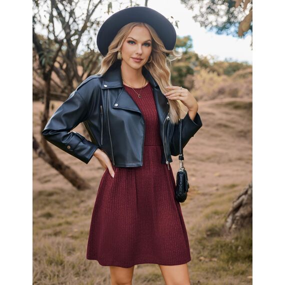 Hotouch Herbst Kleider Damen Strickkleid Langarm Rundhals Kleid Puff Leicht Winterkleid A Linie Pulloverkleid Knielang Freizeitkleid mit Taschen Dunkelrot L