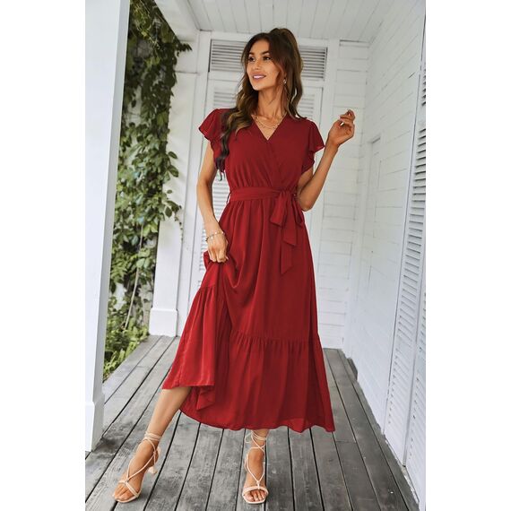 Awemeal Kleid Damen Sommer Elegant V-Ausschnitt Kurzarm Lang Sommerkleid Boho Blumenkleid mit Gürtel Rüschen Saum Wickelkleid Strandkleid A Linie Fließend Maxikleid （S, Weinrot）