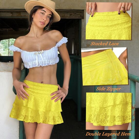 Neteson Minirock Damen Sexy Kurz Faltenrock mit Hose Mini Rock Sommer Spitze A-Linie Ruffle Skirt Y2k Plisseerock Rüschen Frauen Kurzer Röcke Fairycore Streetwear