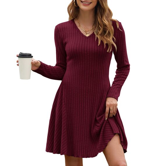 AUSELILY Strickkleid Damen Herbst Leichte A Linie Herbstkleid Langarm Kleider V Ausschnitt Winterkleid Elegant Pulloverkleid Weinrot XL