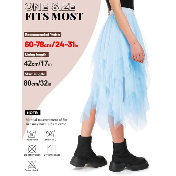 Tüllrock Damen Lang 80CM Elastische Tüll Rock Unregelmäßiges Netz Täglich, Abschlussball, Party(Taillenumfang: 60-78cm, Blau)