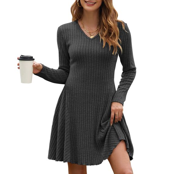 AUSELILY Strickkleid Damen Herbst Leichte A Linie Herbstkleid Langarm Kleider V Ausschnitt Winterkleid Elegant Pulloverkleid Dunkelgrau M