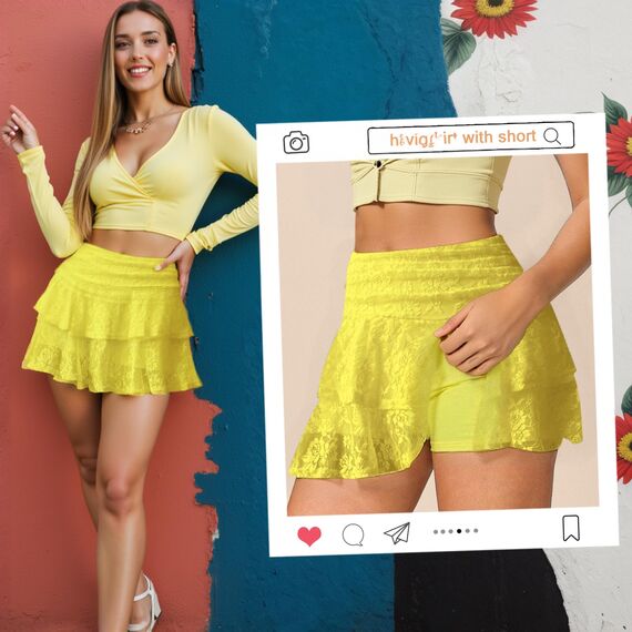 Neteson Minirock Damen Sexy Kurz Faltenrock mit Hose Mini Rock Sommer Spitze A-Linie Ruffle Skirt Y2k Plisseerock Rüschen Frauen Kurzer Röcke Fairycore Streetwear