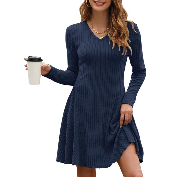 AUSELILY Strickkleid Damen Herbst Leichte A Linie Herbstkleid Langarm Kleider V Ausschnitt Winterkleid Elegant Pulloverkleid Marineblau L