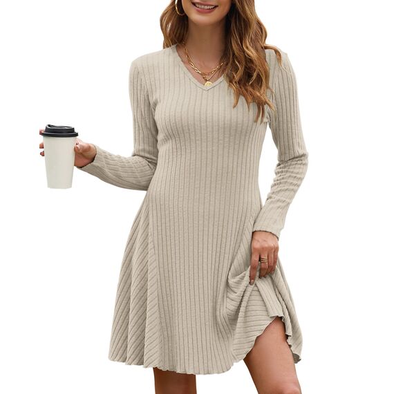 AUSELILY Strickkleid Damen Herbst Leichte A Linie Herbstkleid Langarm Kleider V Ausschnitt Winterkleid Elegant Pulloverkleid Aprikose S