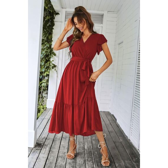 Awemeal Kleid Damen Sommer Elegant V-Ausschnitt Kurzarm Lang Sommerkleid Boho Blumenkleid mit Gürtel Rüschen Saum Wickelkleid Strandkleid A Linie Fließend Maxikleid （L, Weinrot）