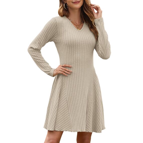 AUSELILY Strickkleid Damen Herbst Leichte A Linie Herbstkleid Langarm Kleider V Ausschnitt Winterkleid Elegant Pulloverkleid Aprikose XL