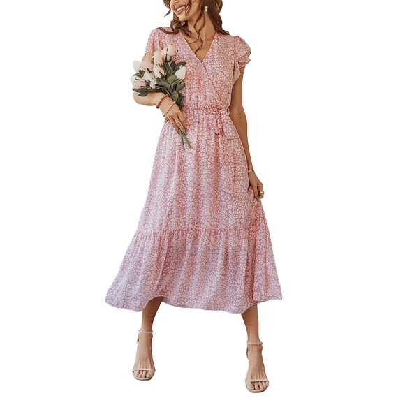 Awemeal Kleid Damen Sommer Elegant V-Ausschnitt Kurzarm Lang Sommerkleid Boho Blumenkleid mit Gürtel Rüschen Saum Wickelkleid Strandkleid A Linie Fließend Maxikleid （L, Blume Rosa）