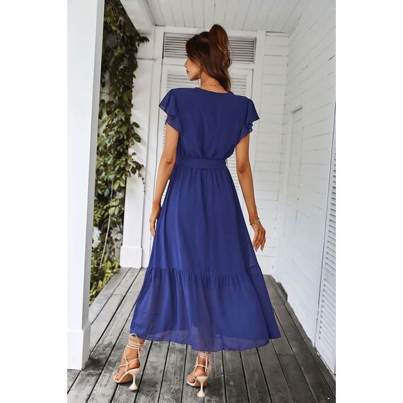 Awemeal Kleid Damen Sommer Elegant V-Ausschnitt Kurzarm Lang Sommerkleid Boho Blumenkleid mit Gürtel Rüschen Saum Wickelkleid Strandkleid A Linie Fließend Maxikleid （M, Blau）