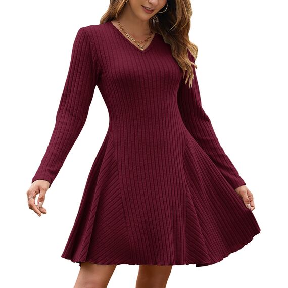 AUSELILY Strickkleid Damen Herbst Leichte A Linie Herbstkleid Langarm Kleider V Ausschnitt Winterkleid Elegant Pulloverkleid Weinrot XL