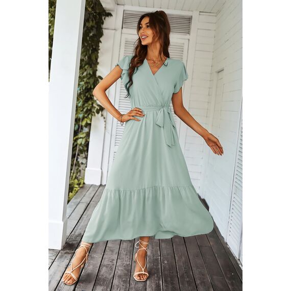 Awemeal Kleid Damen Sommer Elegant V-Ausschnitt Kurzarm Lang Sommerkleid Boho Blumenkleid mit Gürtel Rüschen Saum Wickelkleid Strandkleid A Linie Fließend Maxikleid （S, Grün）