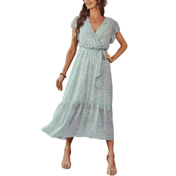 Awemeal Kleid Damen Sommer Elegant V-Ausschnitt Kurzarm Lang Sommerkleid Boho Blumenkleid mit Gürtel Rüschen Saum Wickelkleid Strandkleid A Linie Fließend Maxikleid （S, Blume Grün）