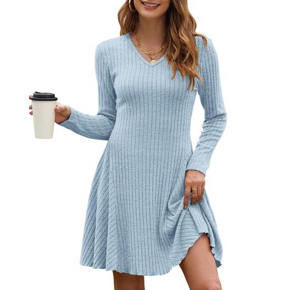AUSELILY Strickkleid Damen Herbst Leichte A Linie Herbstkleid Langarm Kleider V Ausschnitt Winterkleid Elegant Pulloverkleid Himmelblau M