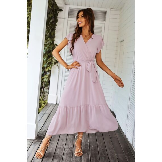 Awemeal Kleid Damen Sommer Elegant V-Ausschnitt Kurzarm Lang Sommerkleid Boho Blumenkleid mit Gürtel Rüschen Saum Wickelkleid Strandkleid A Linie Fließend Maxikleid （XL, Rosa）