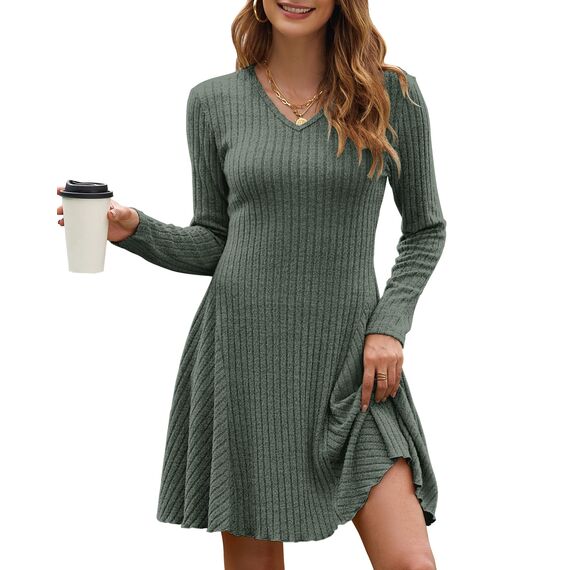 AUSELILY Strickkleid Damen Herbst Leichte A Linie Herbstkleid Langarm Kleider V Ausschnitt Winterkleid Elegant Pulloverkleid Dunkelgrün XL