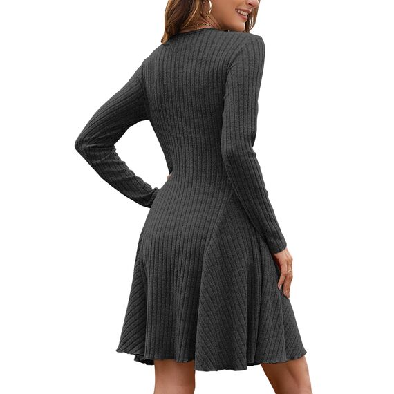 AUSELILY Strickkleid Damen Herbst Leichte A Linie Herbstkleid Langarm Kleider V Ausschnitt Winterkleid Elegant Pulloverkleid Dunkelgrau L