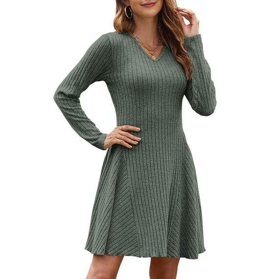 AUSELILY Strickkleid Damen Herbst Leichte A Linie Herbstkleid Langarm Kleider V Ausschnitt Winterkleid Elegant Pulloverkleid Dunkelgrün L