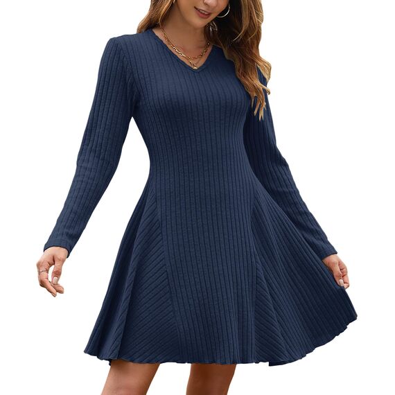 AUSELILY Strickkleid Damen Herbst Leichte A Linie Herbstkleid Langarm Kleider V Ausschnitt Winterkleid Elegant Pulloverkleid Marineblau L