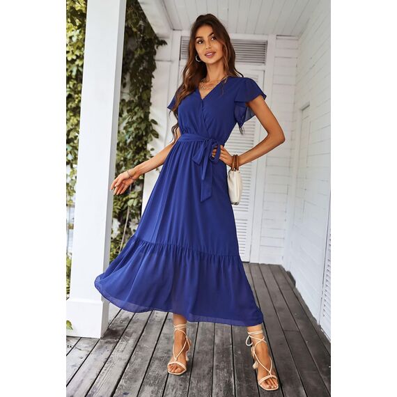 Awemeal Kleid Damen Sommer Elegant V-Ausschnitt Kurzarm Lang Sommerkleid Boho Blumenkleid mit Gürtel Rüschen Saum Wickelkleid Strandkleid A Linie Fließend Maxikleid （M, Blau）