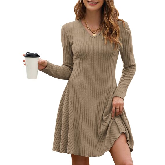 AUSELILY Strickkleid Damen Herbst Leichte A Linie Herbstkleid Langarm Kleider V Ausschnitt Winterkleid Elegant Pulloverkleid Hellbraun XL