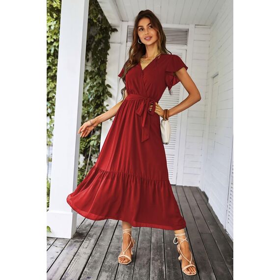 Awemeal Kleid Damen Sommer Elegant V-Ausschnitt Kurzarm Lang Sommerkleid Boho Blumenkleid mit Gürtel Rüschen Saum Wickelkleid Strandkleid A Linie Fließend Maxikleid （L, Weinrot）