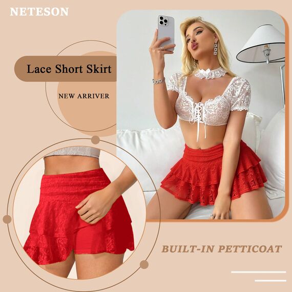Neteson Minirock Damen Sexy Kurz Faltenrock mit Hose Mini Rock Sommer Spitze A-Linie Ruffle Skirt Y2k Plisseerock Rüschen Frauen Kurzer Röcke Fairycore Streetwear