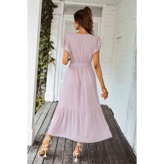 Awemeal Kleid Damen Sommer Elegant V-Ausschnitt Kurzarm Lang Sommerkleid Boho Blumenkleid mit Gürtel Rüschen Saum Wickelkleid Strandkleid A Linie Fließend Maxikleid （XL, Rosa）